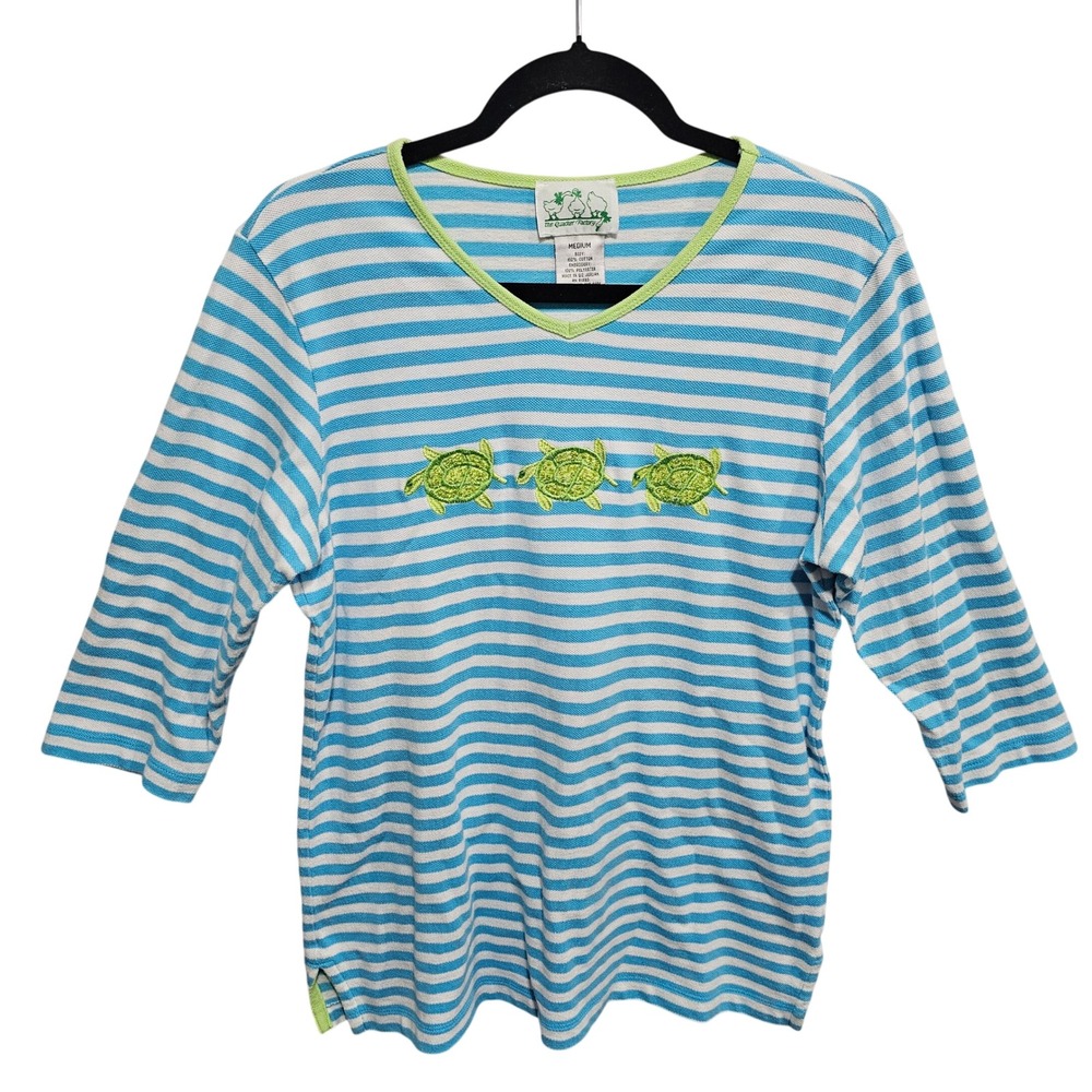 Quacker Factory Womens Top Teal White Stripe Green Embroidered Beaded Turtles M